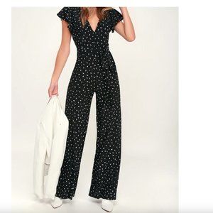 Lulus Wide leg Jumpsuit Black White Fine Print Open Back Ruffle Shoulder S